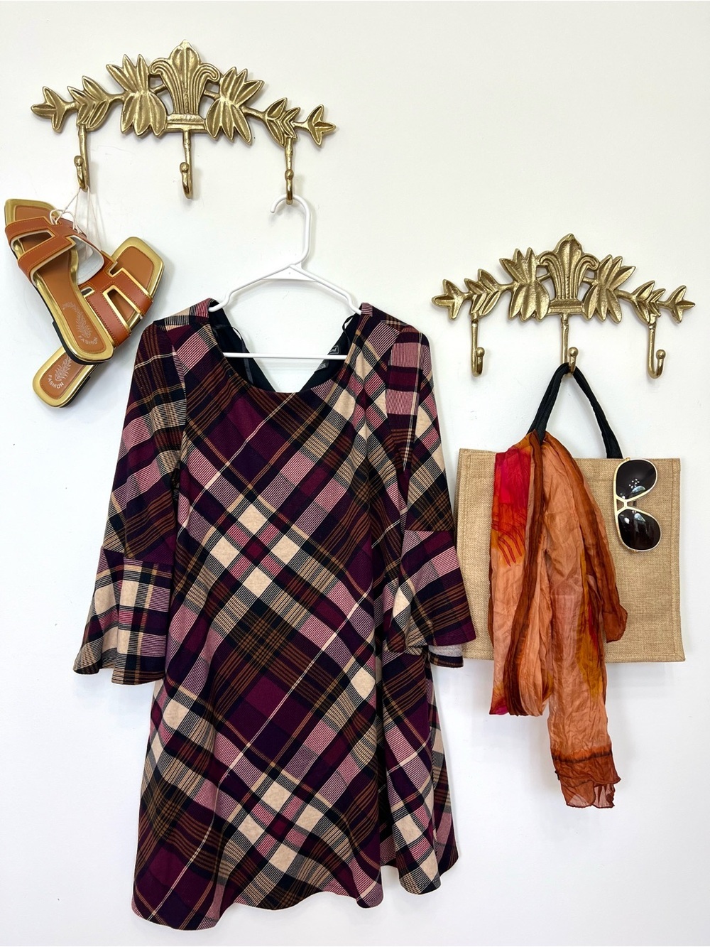 Plaid A-Line Dress with Belle sleeve Xl